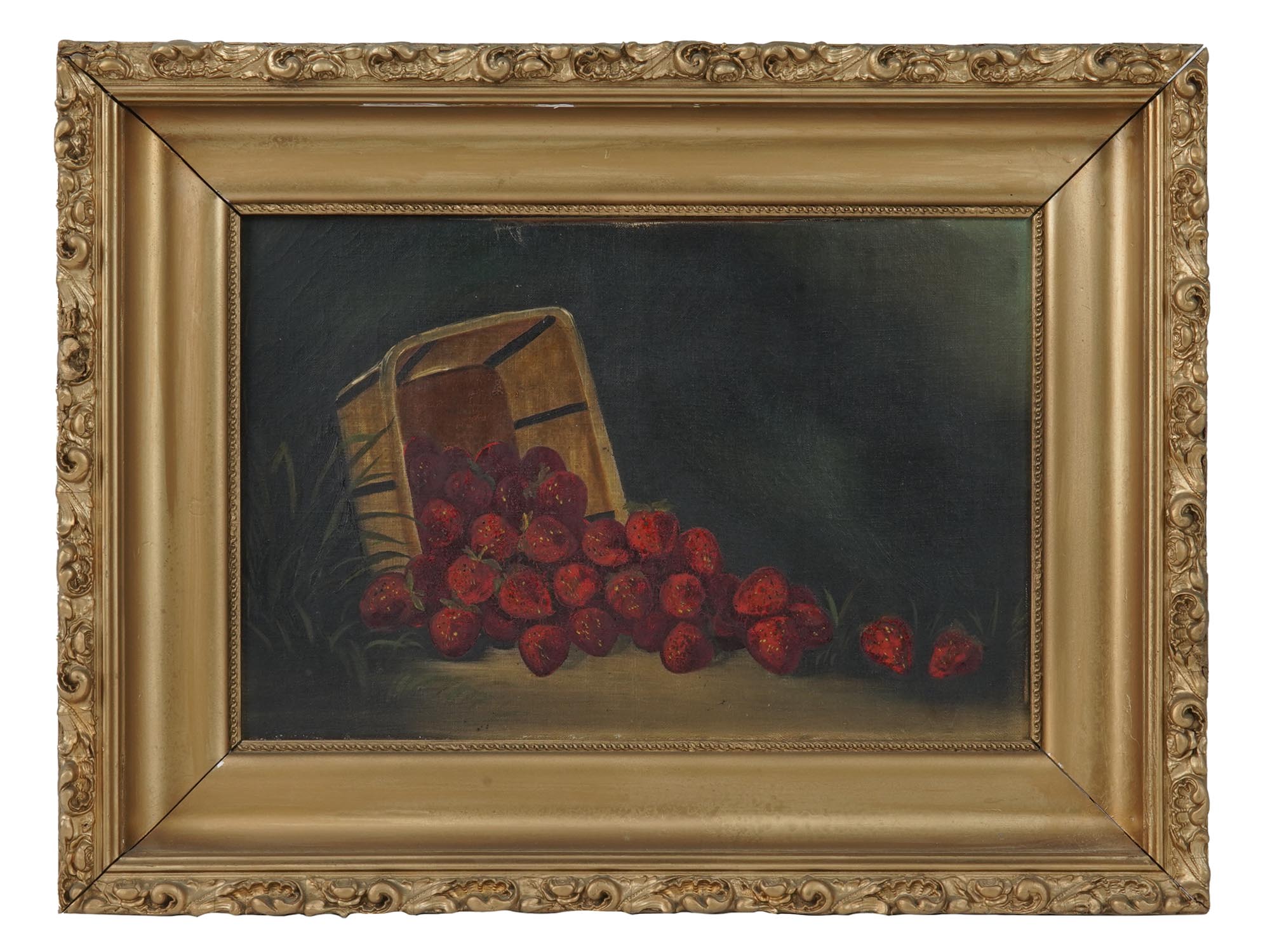 ANTIQUE OIL PAINTING STILL LIFE STRAWBERRY BASKET PIC-0